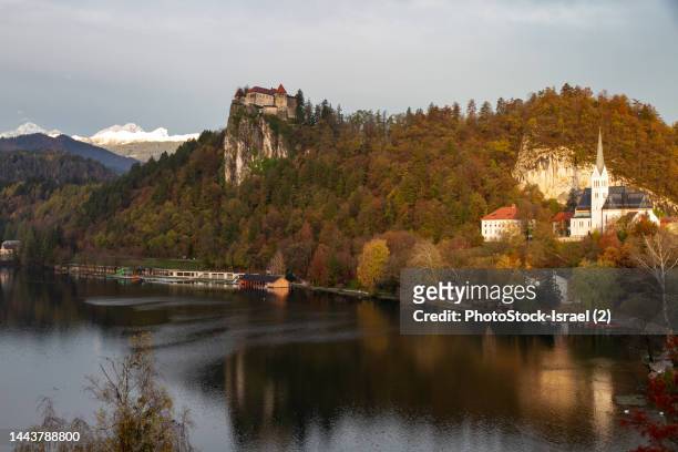 the town of bled, slovenia at dusk - former yugoslavia stock pictures, royalty-free photos & images