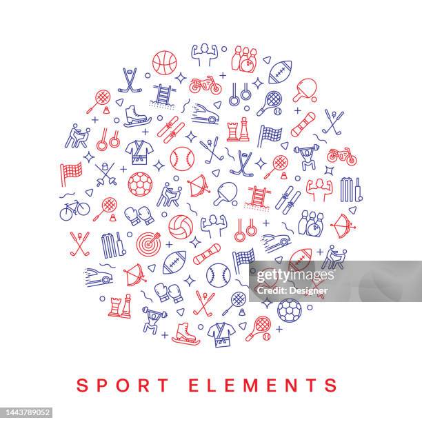 ilustraciones, imágenes clip art, dibujos animados e iconos de stock de elementos deportivos relacionados con el diseño de patrones. diseño de estilo de línea moderna - deporte