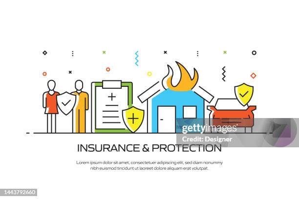 insurance and protection related line style banner design for web page, headline, brochure, annual report and book cover - home insurance stock illustrations