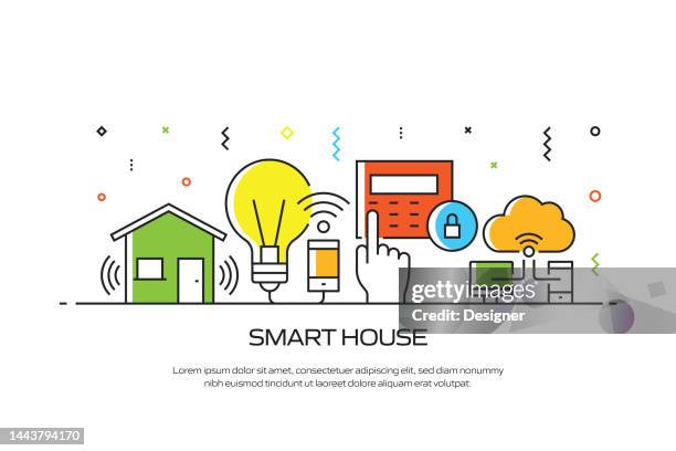 smart home related line style banner design for web page, headline, brochure, annual report and book cover - digital home stock illustrations