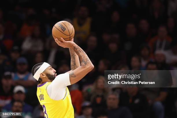 Anthony Davis of the Los Angeles Lakers attempts a shot against the Phoenix Suns during the first half of the NBA game against the Phoenix Suns at...