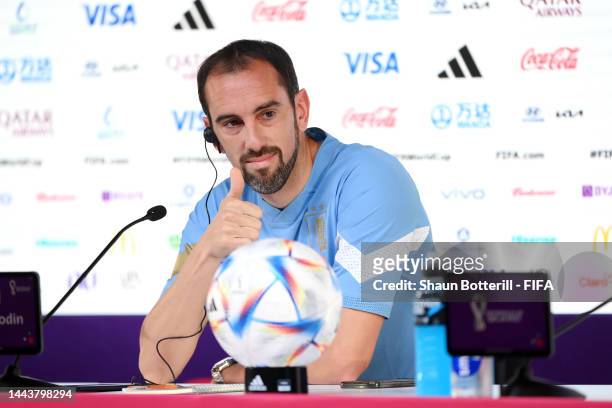 Diego Godin of Uruguay reacts during the Uruguay Press Conference at the Main Media Center on November 23, 2022 in Doha, Qatar.