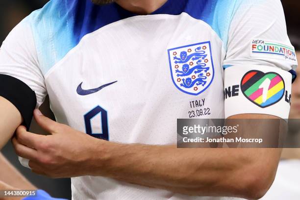 Harry Kane of England wearing the One Love armband prior to kick off in the UEFA Nations League, League A, Group 3 match between Italy and England at...