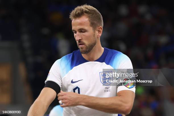 Harry Kane of England wearing the One Love armband prior to kick off in the UEFA Nations League, League A, Group 3 match between Italy and England at...