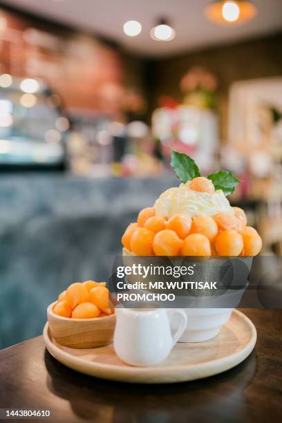 melon bingsu(korean shaved ice with melon) - muskmelon stock pictures, royalty-free photos & images