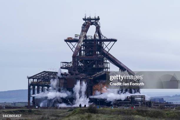 The former steel blast furnace near Redcar is brought down in an explosive demolition on November 23, 2022 in Redcar, England. Redcar's former...