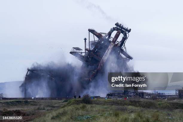 The former steel blast furnace near Redcar is brought down in an explosive demolition on November 23, 2022 in Redcar, England. Redcar's former...