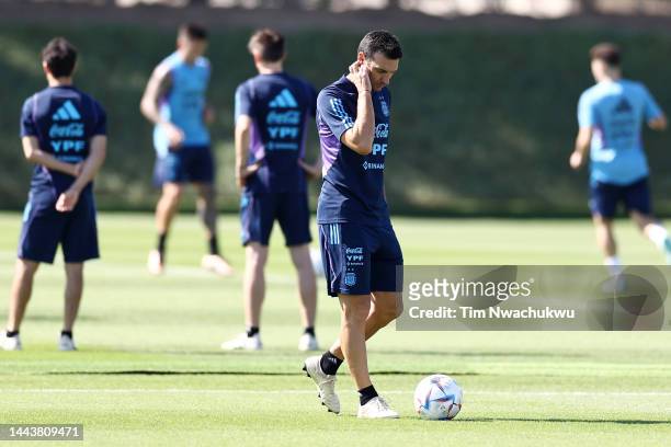 Lionel Scaloni, Head Coach of Argentina, looks on during the Argentina Training Session at Qatar University Training Pitches on November 23, 2022 in...