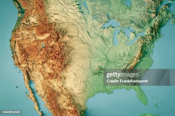 estados unidos mapa topográfico horizontal 3d render color - americano fotografías e imágenes de stock