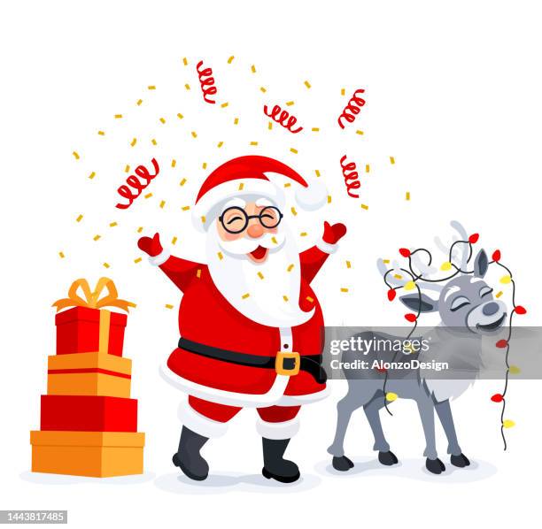 happy santa claus giving you a surprise. funny reindeer. - christmas background no people stock illustrations