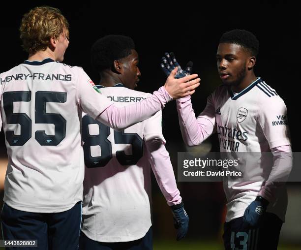 Nathan Butler-Oyedeji celebrates scoring Arsenal's 1st goal with Jack Henry-Francis during the Papa John's Trophy match between Stevenage and Arsenal...