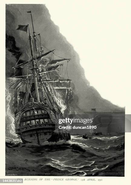 ilustrações de stock, clip art, desenhos animados e ícones de burning of hms prince george 13 april 1758 at sea in the bay of biscay, history royal navy - queimadas