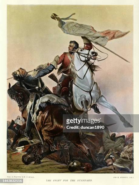 sergeant charles ewart capturing the eagle of the french 45e régiment de ligne at the battle of waterloo, british military history - battle of waterloo stock illustrations