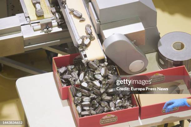 The polvorones of chocolates arrive in a box by a conveyor belt during the visit to the factory of mantecados of the firm La Muralla in the town of...