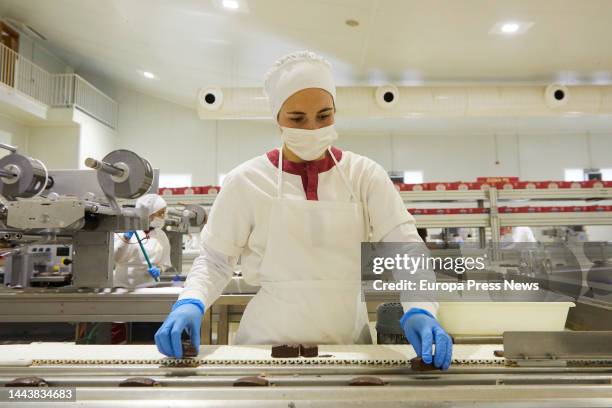 Detail of an operator handling chocolate polvorones during the visit to the mantecados factory of the firm La Muralla in the town of Estepa, on...