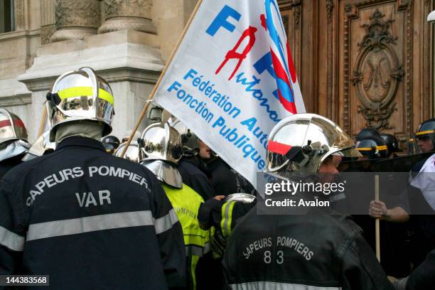 French firefighters members of the Federation Autonome, demonstrating out side, La Prefecture, Marseilles. Firemen face off with the CRS French riot...