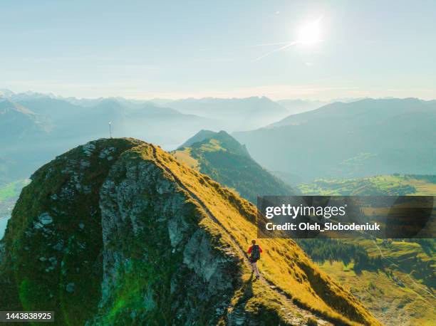 luftaufnahme des wanderers auf dem hintergrund von interlaken in den schweizer alpen - schweizer alpen stock-fotos und bilder