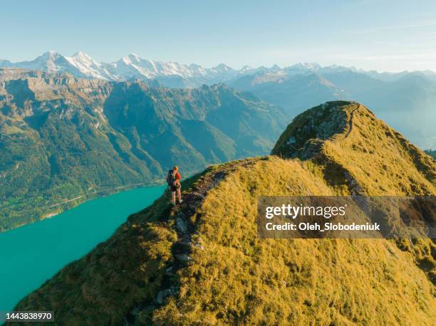 aerial view of man hiking on the background of interlaken in swiss alps - mountain ridge stock pictures, royalty-free photos & images