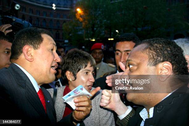 President Hugo Chavez of Venezuela, leaving Camden Centre, where enthusiastic crowds welcomed him on his visit to London as guest of Mayor Ken...