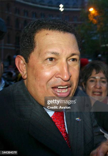 President Hugo Chavez of Venezuela, leaving Camden Centre, where enthusiastic crowds welcomed him on his visit to London as guest of Mayor Ken...
