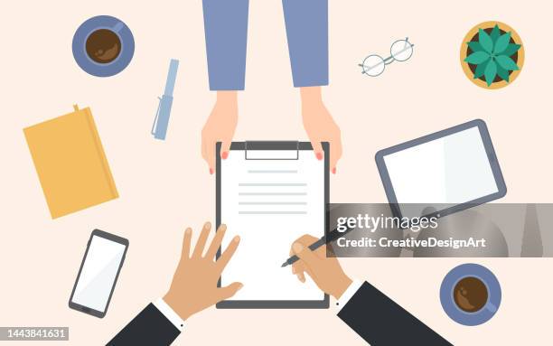 bildbanksillustrationer, clip art samt tecknat material och ikoner med top view of woman hands holding the agreement and businessman signing. table with digital tablet, smart phone and coffee cups - skrivbord