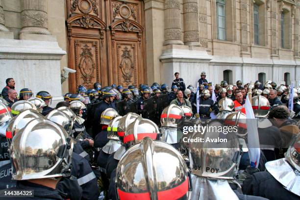 French firefighters members of the Federation Autonome, demonstrating out side, La Prefecture, Marseilles. Firemen face off with the CRS French riot...