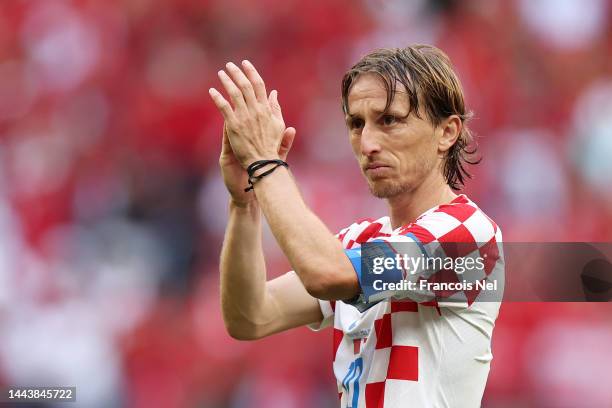 Luka Modric of Croatia applauds fans after the scoreless draw in the FIFA World Cup Qatar 2022 Group F match between Morocco and Croatia at Al Bayt...