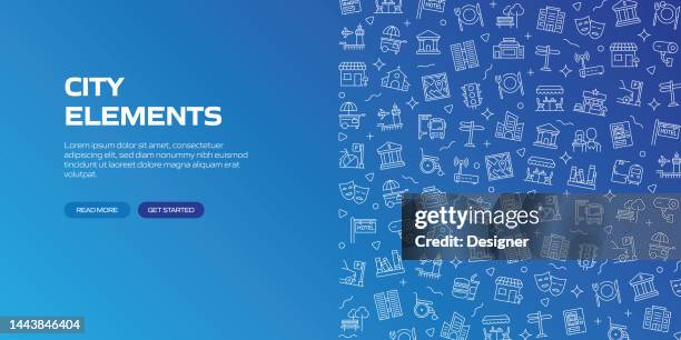 city elements web banner with linear icons, trendy linear style vector - school cafeteria stock illustrations