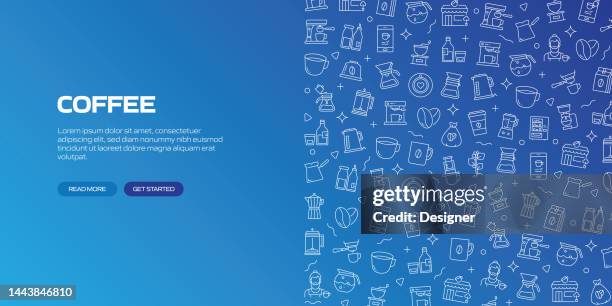 coffee web banner with linear icons, trendy linear style vector - coffee beans background stock illustrations