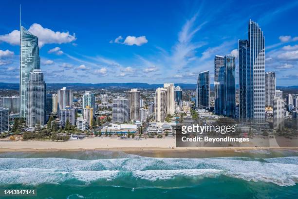 aerial view surfers paradise foreshore & skyline from pacific ocean - queensland city australia stockfoto's en -beelden