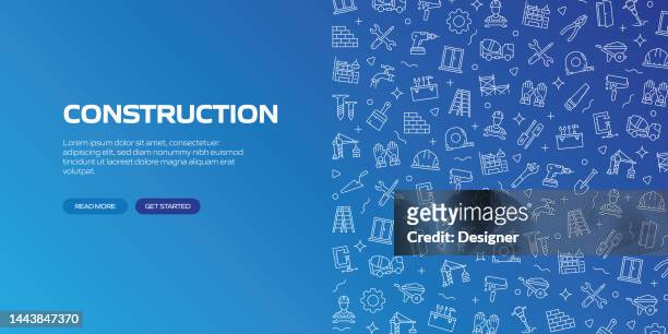 construction web-banner mit linearen symbolen, trendiger linearer stilvektor - betonmischer stock-grafiken, -clipart, -cartoons und -symbole