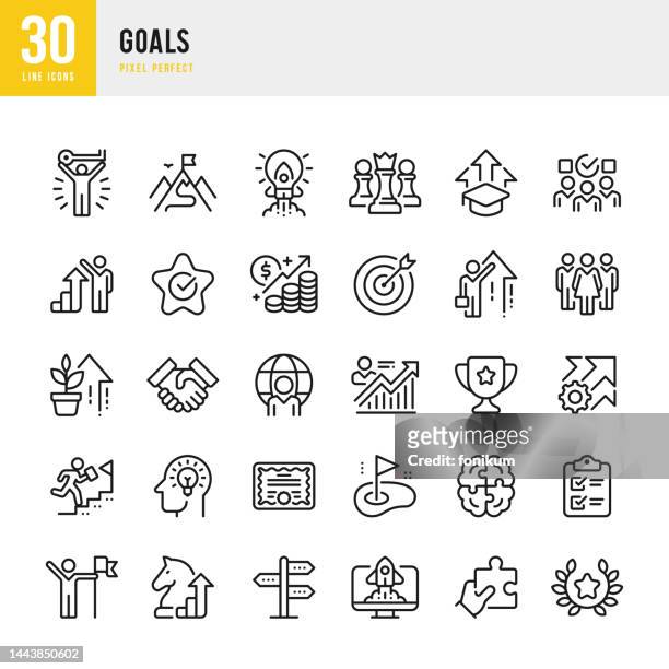 goals - thin line vector icon set. 30 icons. pixel perfect. the set includes a leadership, personal growth, ladder of success, motivation, goal, career, creativity, diploma, growth strategy, partnership, award, winning. - learning objectives icon stock illustrations