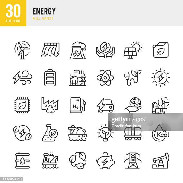 illustrations, cliparts, dessins animés et icônes de énergie - jeu d’icônes vectorielles de ligne mince. 30 icônes. pixel parfait. l’ensemble comprend l’énergie éolienne, l’énergie solaire, l’énergie hydroélectrique, l’énergie nucléaire, l’hydrogène, l’écologie, le biocarburant, l - équipement industriel