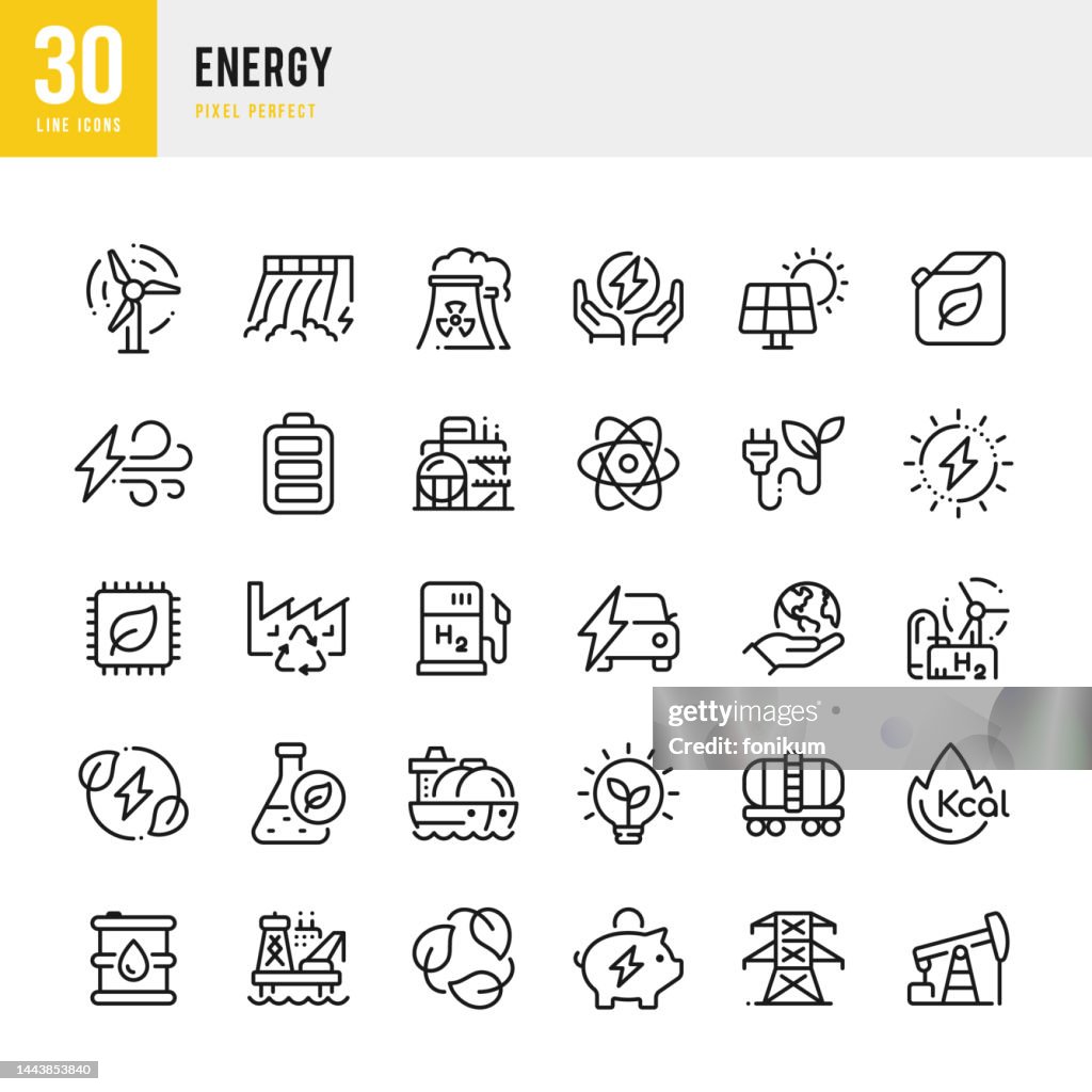 Energy - thin line vector icon set. 30 icons. Pixel perfect. The set includes a Wind Energy, Solar Energy, Hydroelectric Energy, Nuclear Energy, Hydrogen, Ecology, Biofuel, Crude Oil, Natural Gas, Liquefied Natural Gas.
