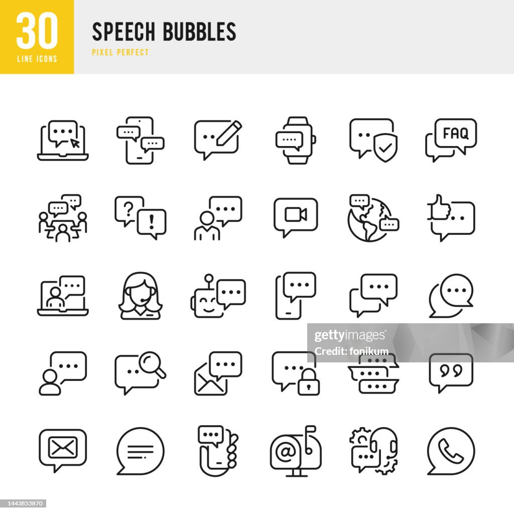 Speech Bubble - thin line vector icon set. 30 icons. Pixel perfect. The set includes a Speech Bubble, Online Messaging, Teamwork, Bubble, Message, Discussion, Mail, Chat, Communication, Speech, Community.
