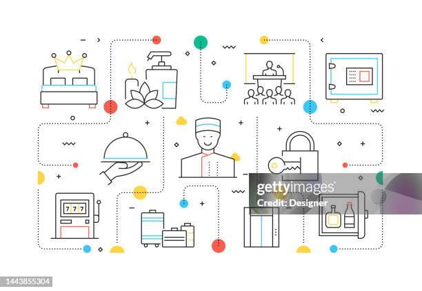 hotel services and facilities related line style banner design for web page, headline, brochure, annual report and book cover - concierge stock illustrations