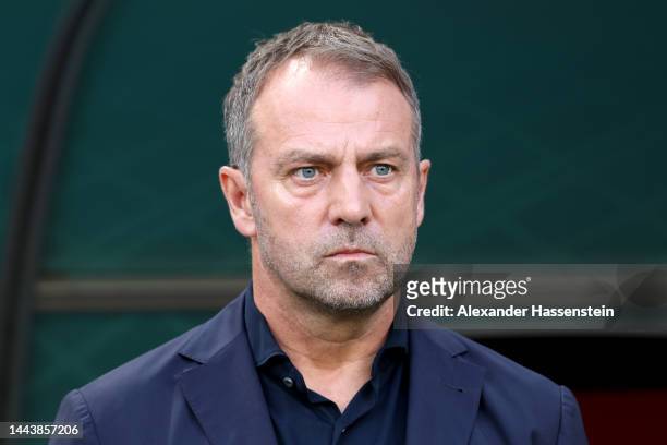 Hansi Flick, Head Coach of Germany, is seen prior to the FIFA World Cup Qatar 2022 Group E match between Germany and Japan at Khalifa International...