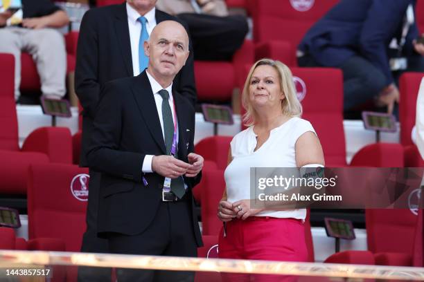 German Football Association President Bernd Neuendorf and German Federal Minister of the Interior and Community Nancy Faeser, wearing a One Love...