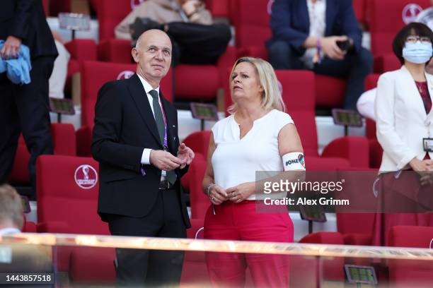 German Football Association President Bernd Neuendorf and German Federal Minister of the Interior and Community Nancy Faeser, wearing a One Love...