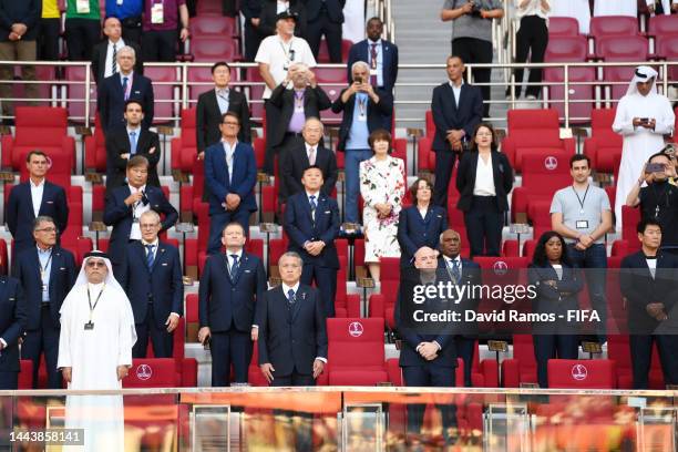 Japan Football Association President Kozo Tashima and Gianni Infantino, President of FIFA, look on during the FIFA World Cup Qatar 2022 Group E match...
