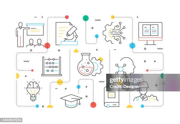 stem education related line style banner design for web page, headline, brochure, annual report and book cover - science engineering math icon stock illustrations