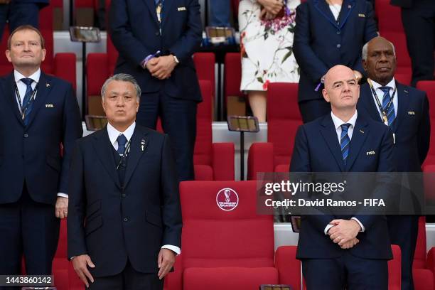 Japan Football Association President Kozo Tashima and Gianni Infantino, President of FIFA, look on during the FIFA World Cup Qatar 2022 Group E match...