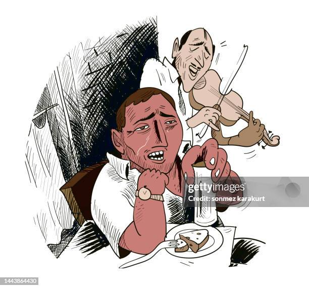next to the man drinking in the tavern is a violinist - ouzo cocktail stock illustrations