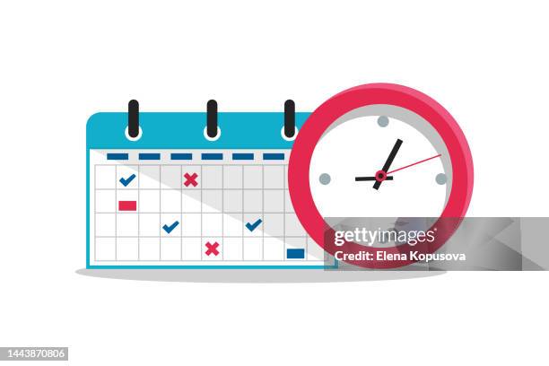 planning concept in flat style. calendar and clock on an isolated white background. - red clock stock illustrations