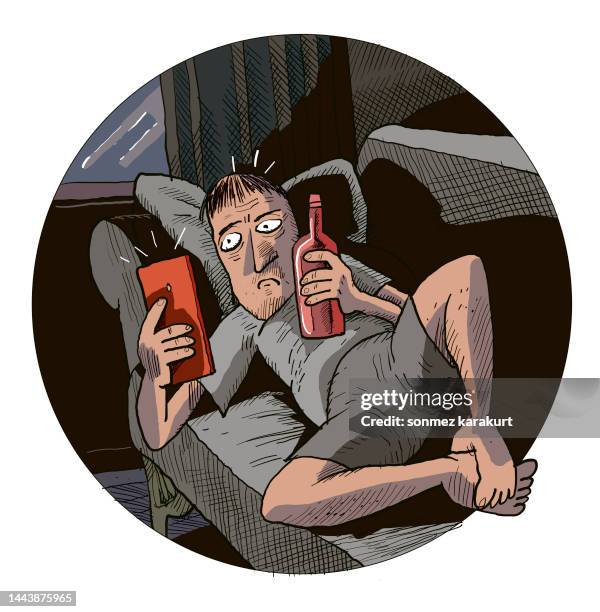 drinking man lying on sofa looking at phone - lost phone stock illustrations