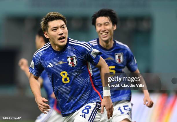 Ritsu Doan of Japan celebrates after scoring their team's first goal during the FIFA World Cup Qatar 2022 Group E match between Germany and Japan at...