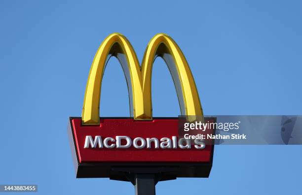 The American fast food company, McDonalds logo is displayed outside one of its stores on November 23, 2022 in Rugeley, England.