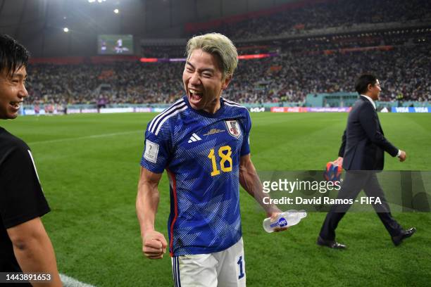 Takuma Asano of Japan celebrate the 2-1 victory in the FIFA World Cup Qatar 2022 Group E match between Germany and Japan at Khalifa International...