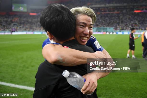 Takuma Asano of Japan celebrate the 2-1 victory in the FIFA World Cup Qatar 2022 Group E match between Germany and Japan at Khalifa International...