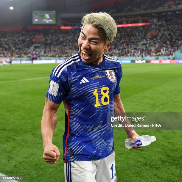 Takuma Asano of Japan celebrate the 2-1 victory in the FIFA World Cup Qatar 2022 Group E match between Germany and Japan at Khalifa International...